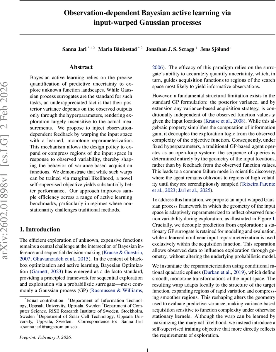Observation-dependent Bayesian active learning via input-warped Gaussian processes