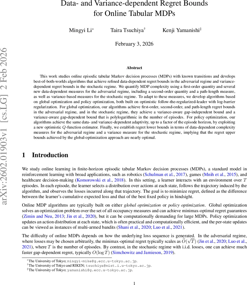 Data- and Variance-dependent Regret Bounds for Online Tabular MDPs