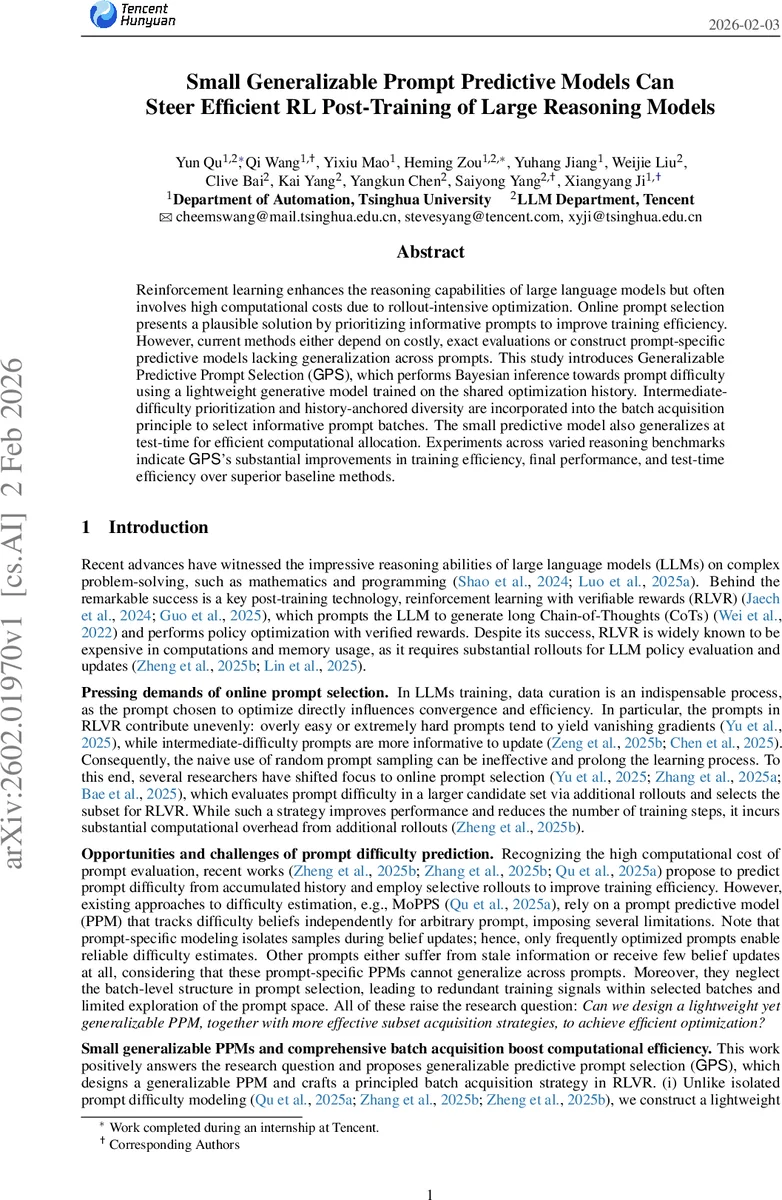 Small Generalizable Prompt Predictive Models Can Steer Efficient RL Post-Training of Large Reasoning Models