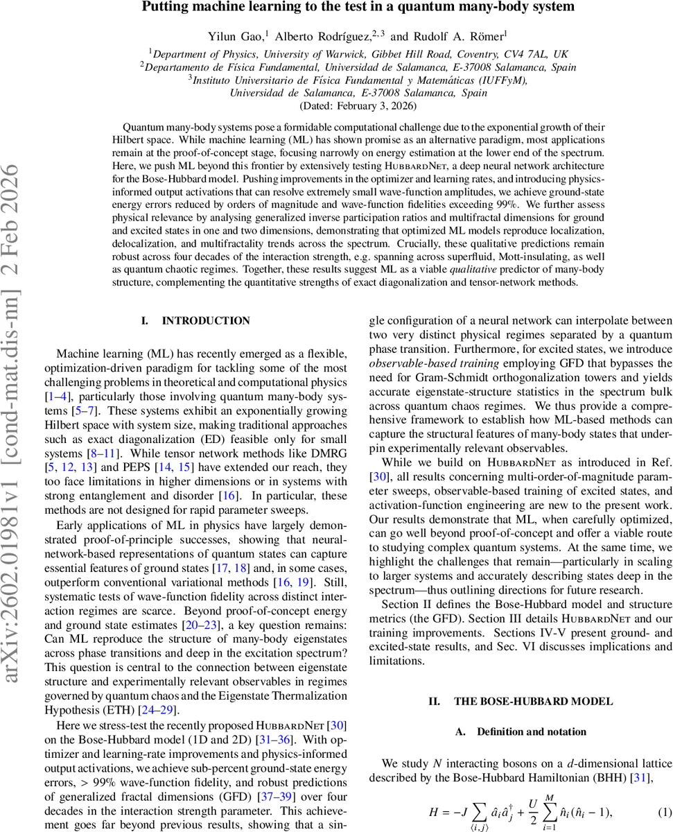 Putting machine learning to the test in a quantum many-body system