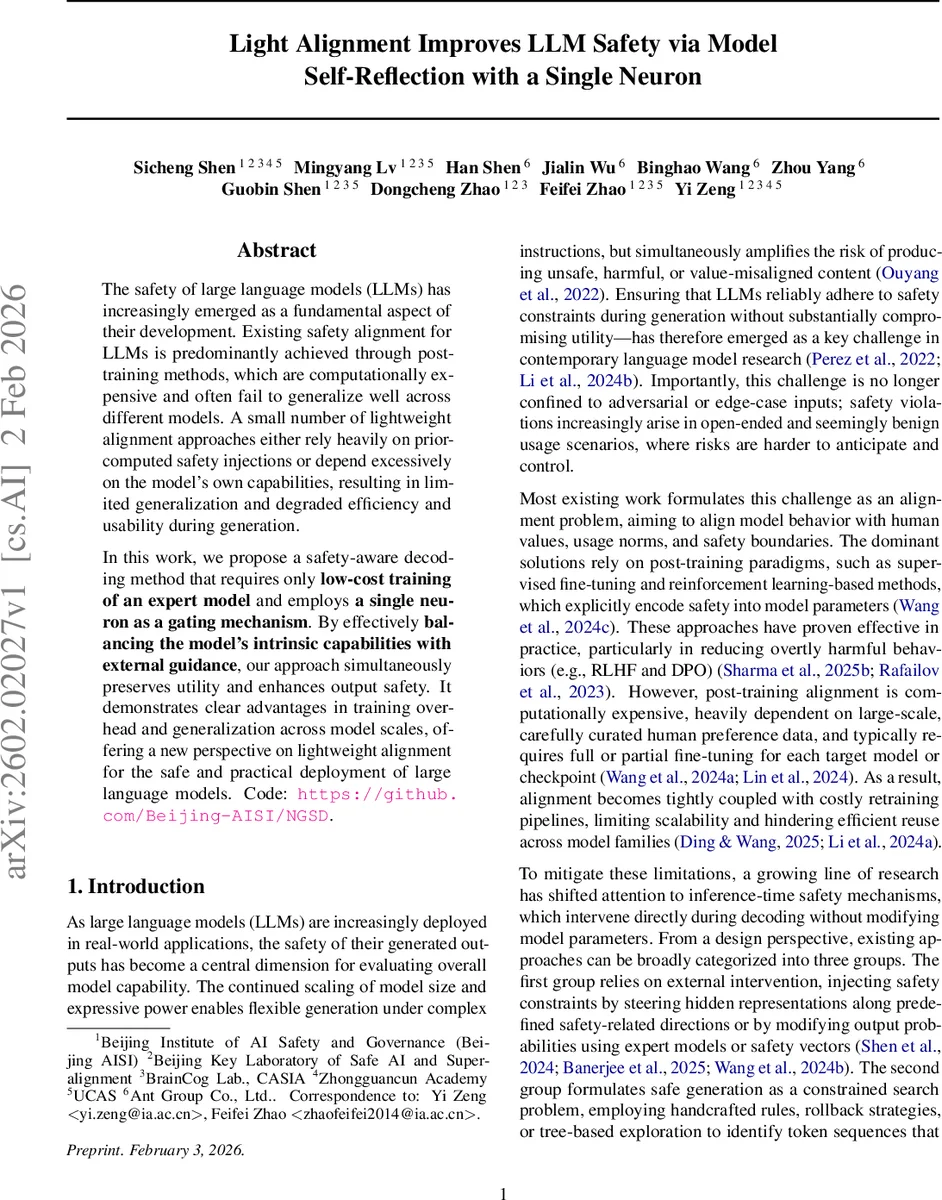 Light Alignment Improves LLM Safety via Model Self-Reflection with a Single Neuron