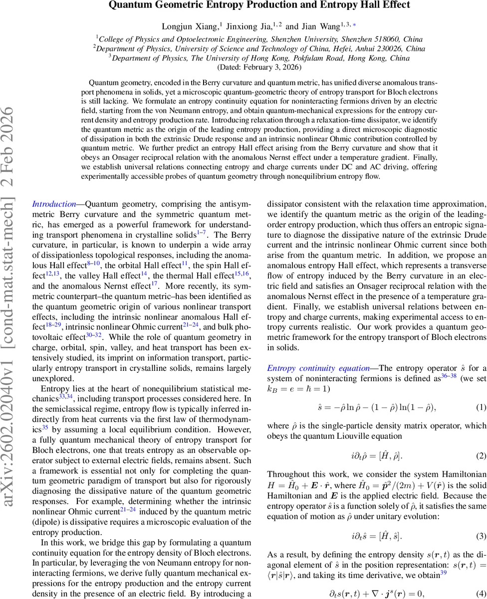 Quantum Geometric Entropy Production and Entropy Hall Effect
