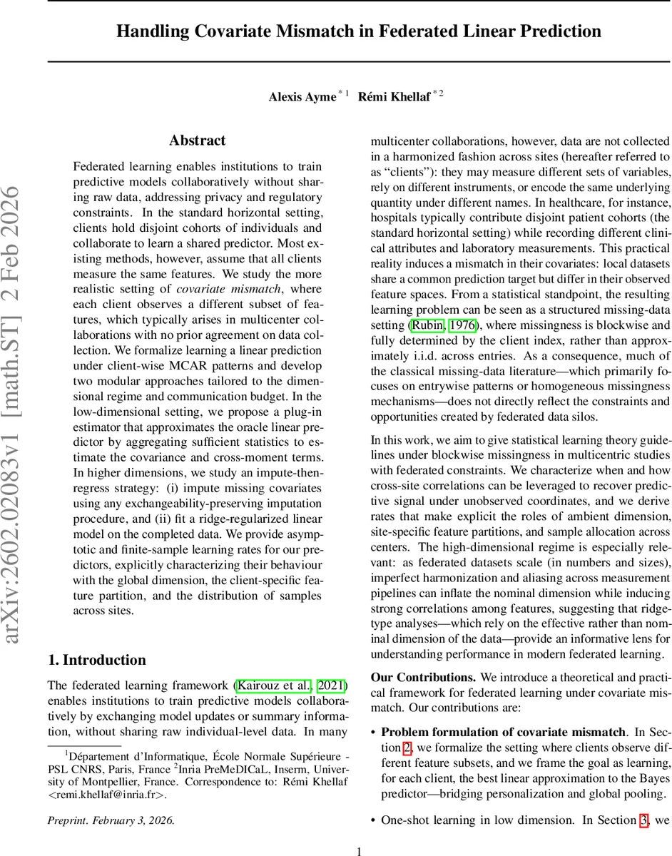 Handling Covariate Mismatch in Federated Linear Prediction