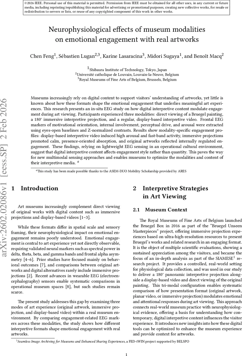 Neurophysiological effects of museum modalities on emotional engagement with real artworks