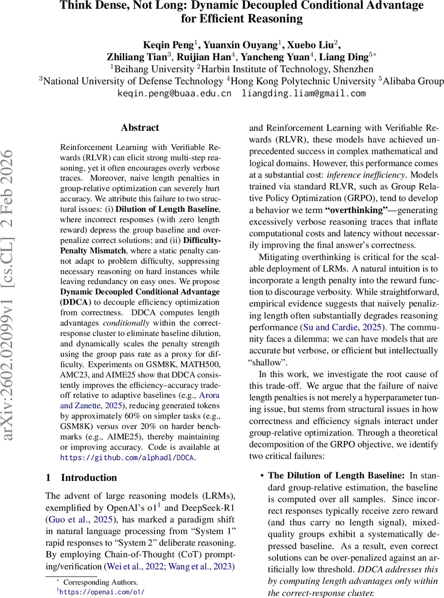 Think Dense, Not Long: Dynamic Decoupled Conditional Advantage for Efficient Reasoning