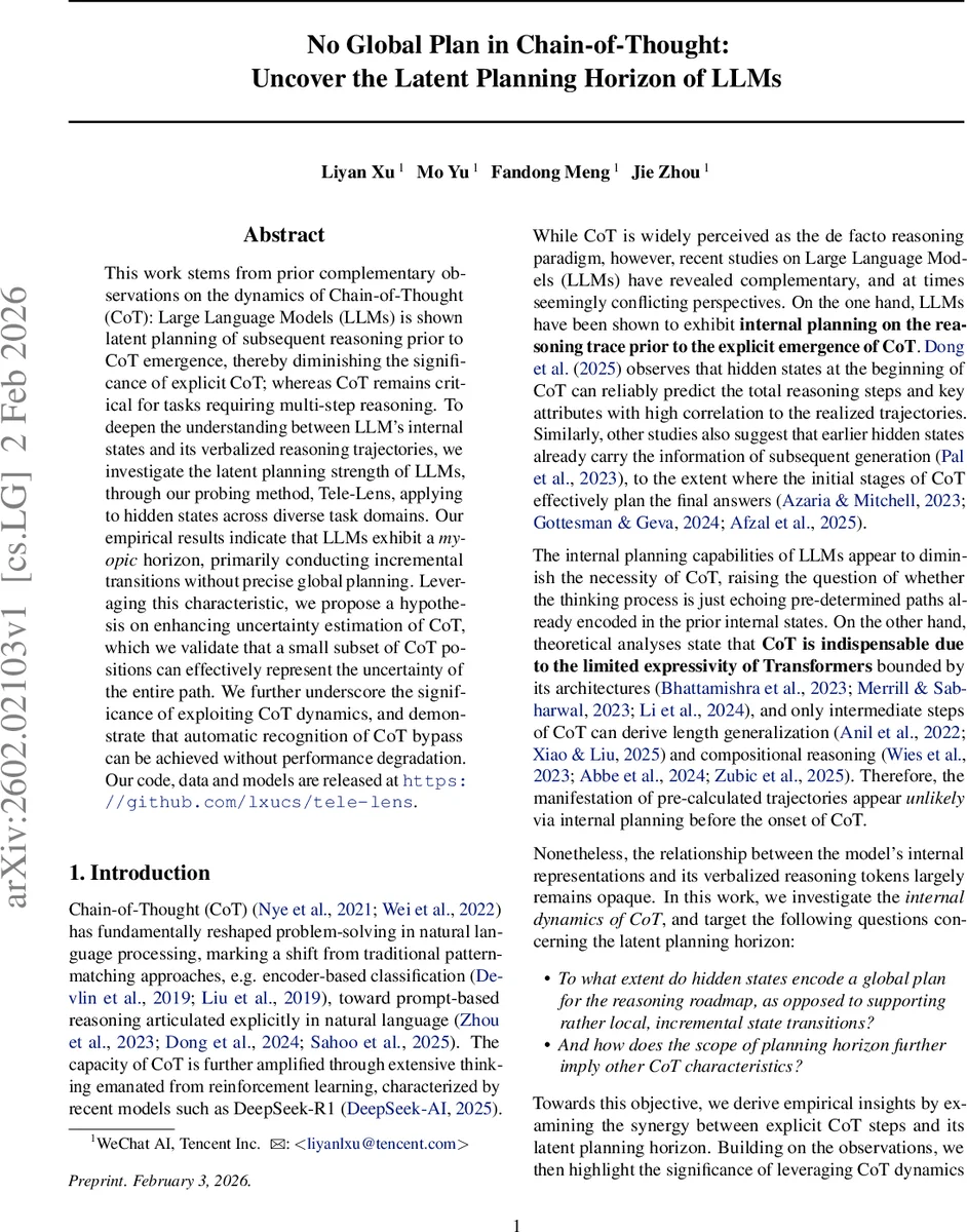 No Global Plan in Chain-of-Thought: Uncover the Latent Planning Horizon of LLMs