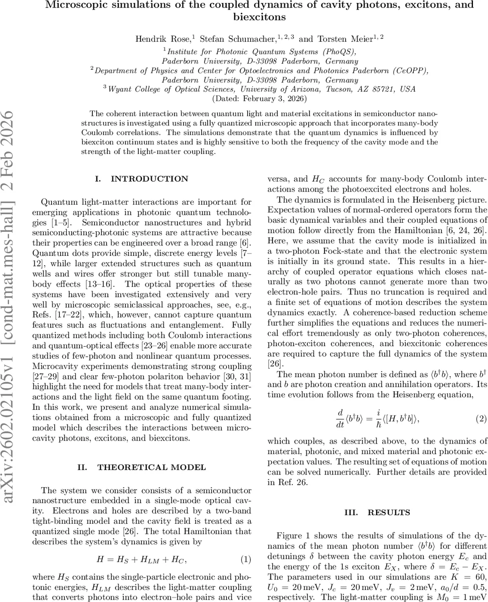 Microscopic simulations of the coupled dynamics of cavity photons, excitons, and biexcitons