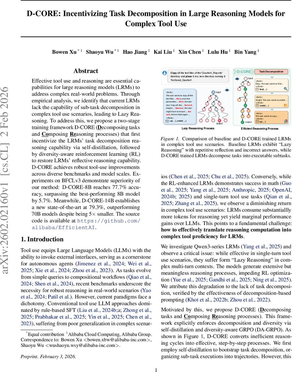 D-CORE: Incentivizing Task Decomposition in Large Reasoning Models for Complex Tool Use