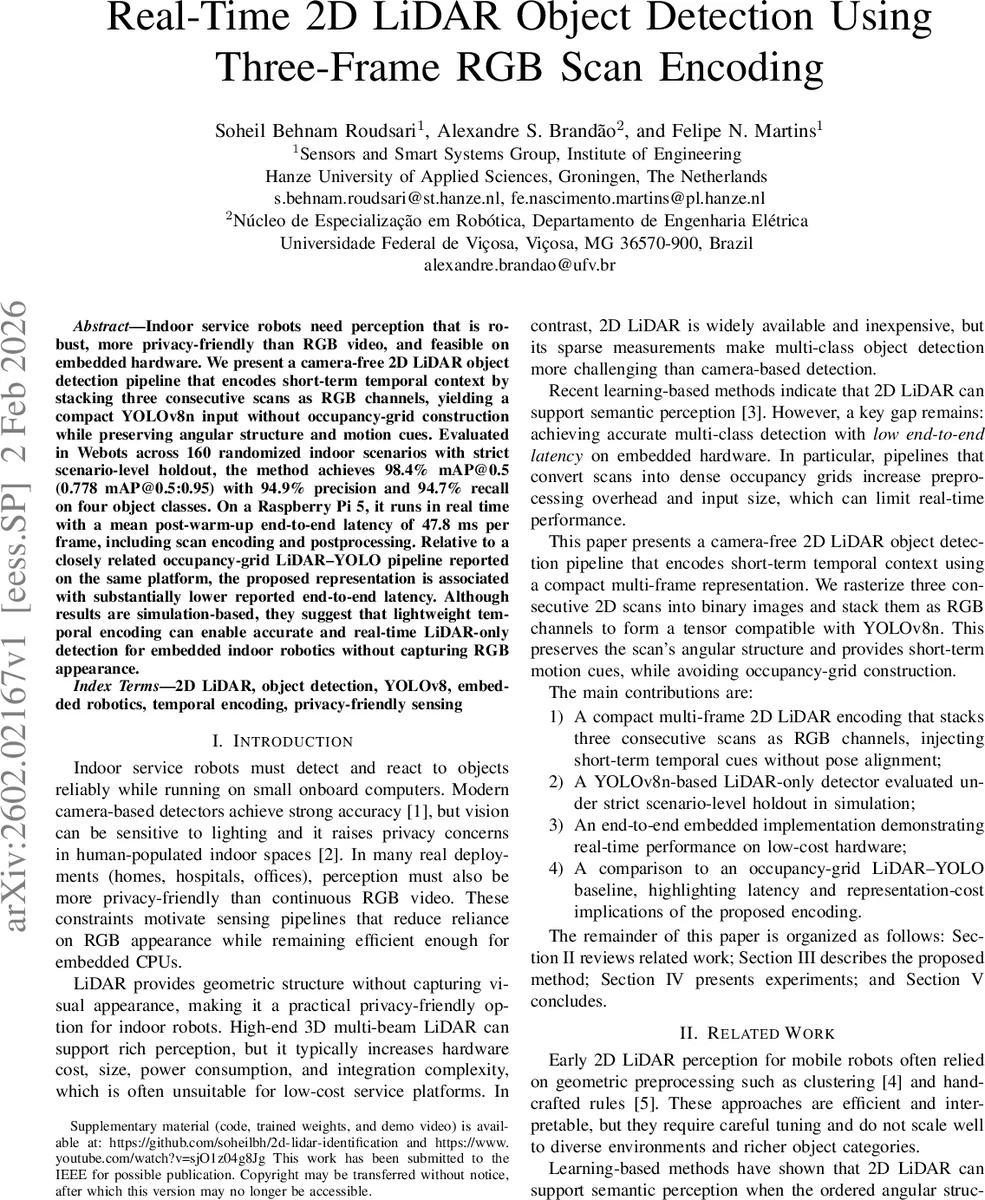 Real-Time 2D LiDAR Object Detection Using Three-Frame RGB Scan Encoding