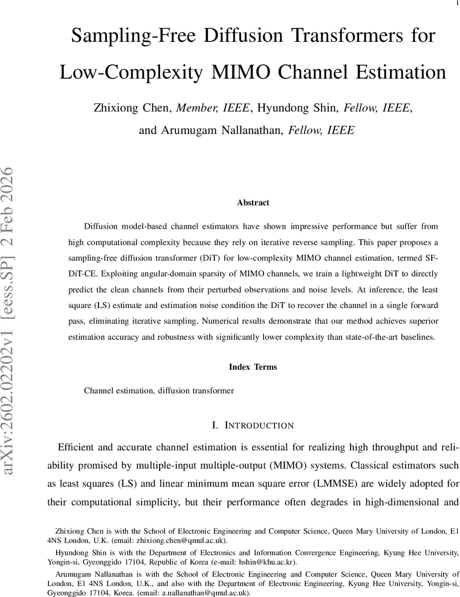 Sampling-Free Diffusion Transformers for Low-Complexity MIMO Channel Estimation