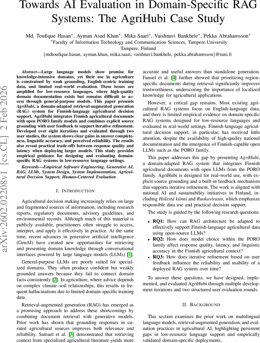 Towards AI Evaluation in Domain-Specific RAG Systems: The AgriHubi Case Study