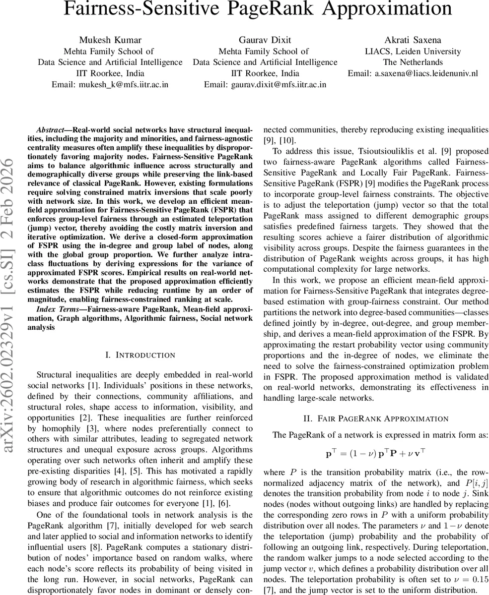 Fairness-Sensitive PageRank Approximation