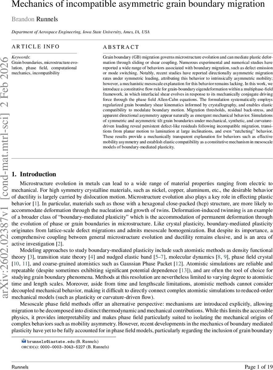 Mechanics of incompatible asymmetric grain boundary migration