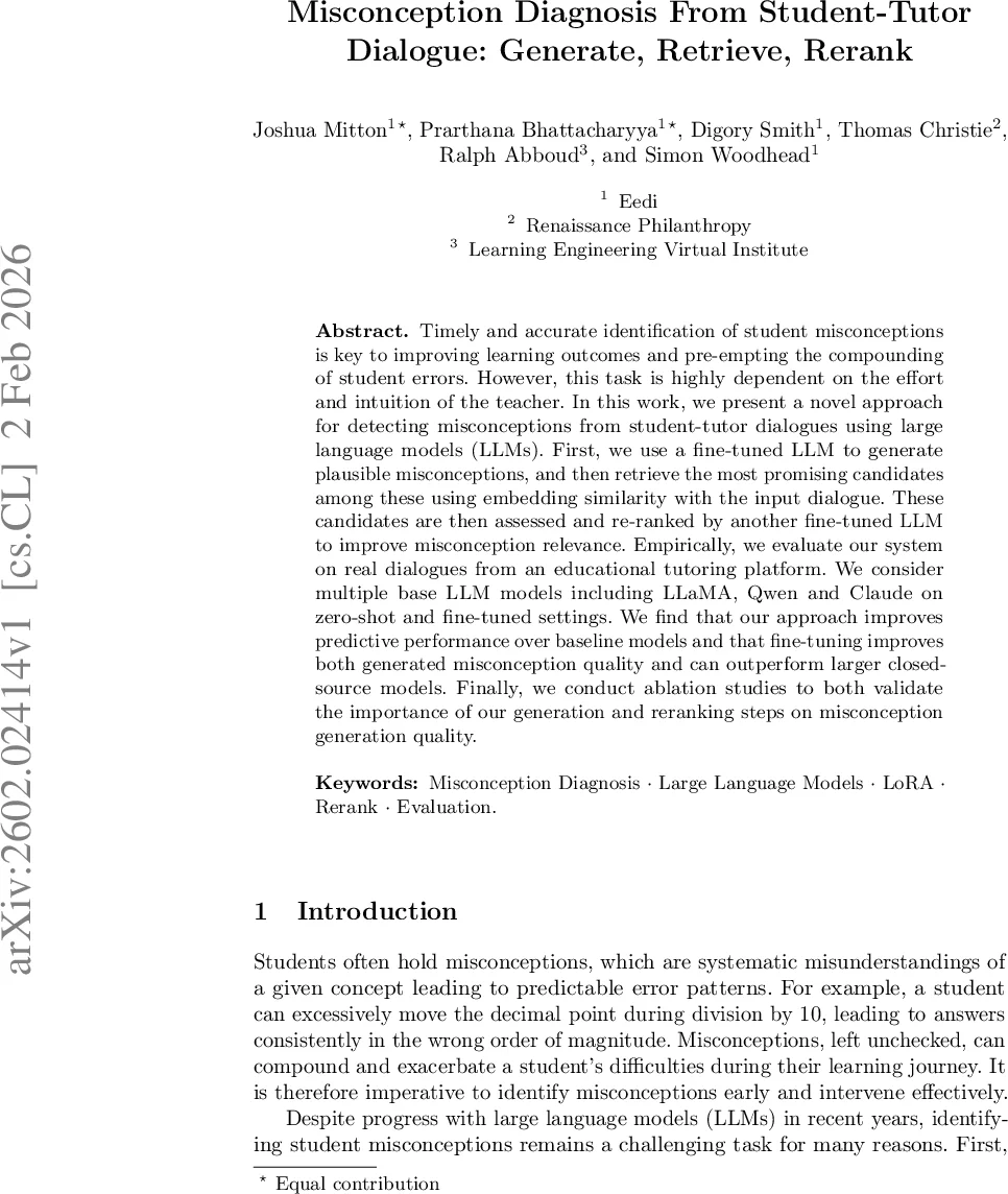 Misconception Diagnosis From Student-Tutor Dialogue: Generate, Retrieve, Rerank