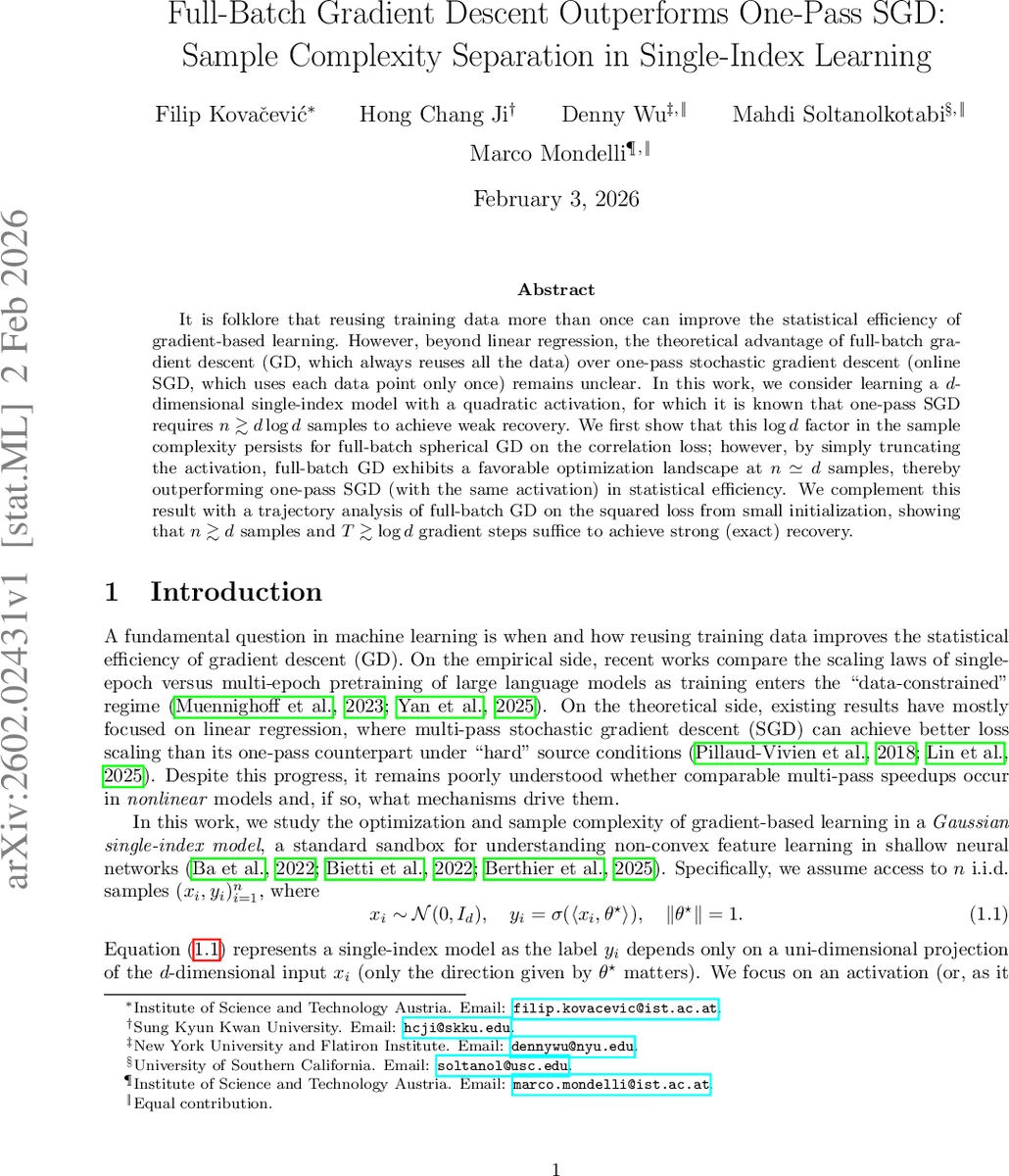 Full-Batch Gradient Descent Outperforms One-Pass SGD: Sample Complexity Separation in Single-Index Learning