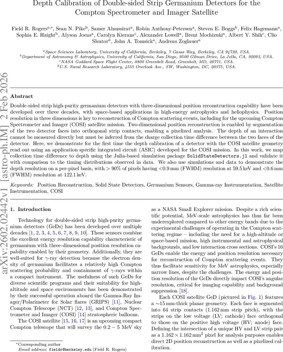 Depth Calibration of Double-sided Strip Germanium Detectors for the Compton Spectrometer and Imager Satellite