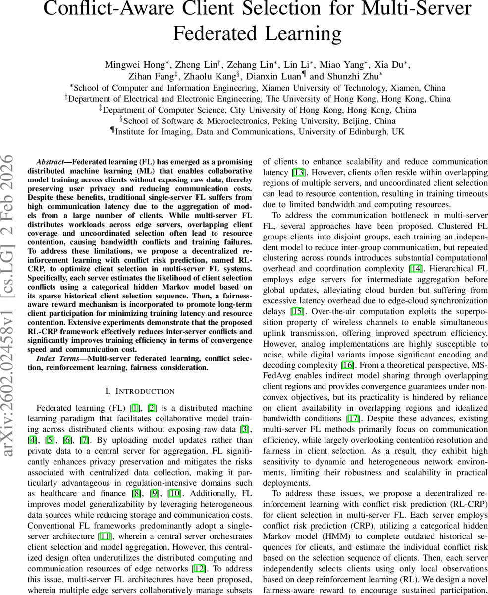 Conflict-Aware Client Selection for Multi-Server Federated Learning