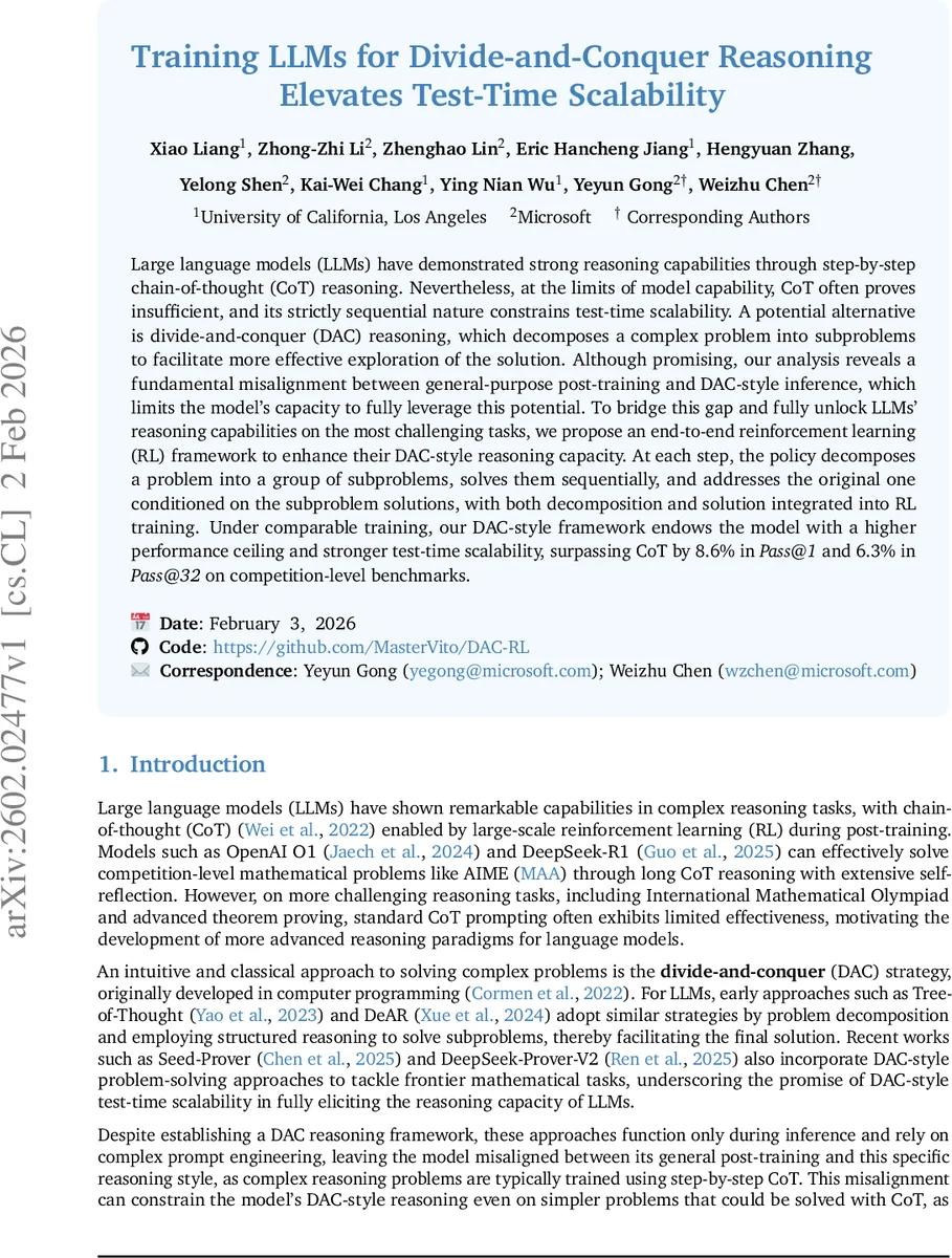 Training LLMs for Divide-and-Conquer Reasoning Elevates Test-Time Scalability