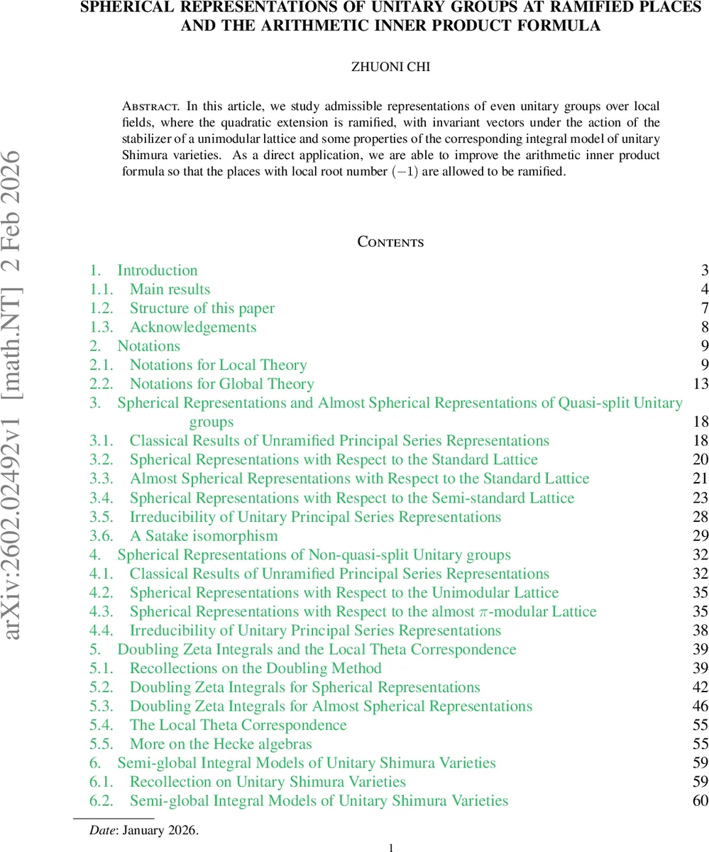 Spherical representations of unitary groups at ramified places and the arithmetic inner product formula