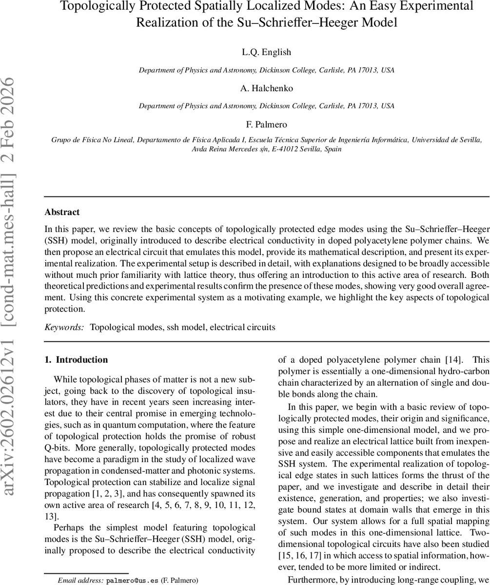 Topologically Protected Spatially Localized Modes: An Easy Experimental Realization of the Su--Schrieffer--Heeger Model