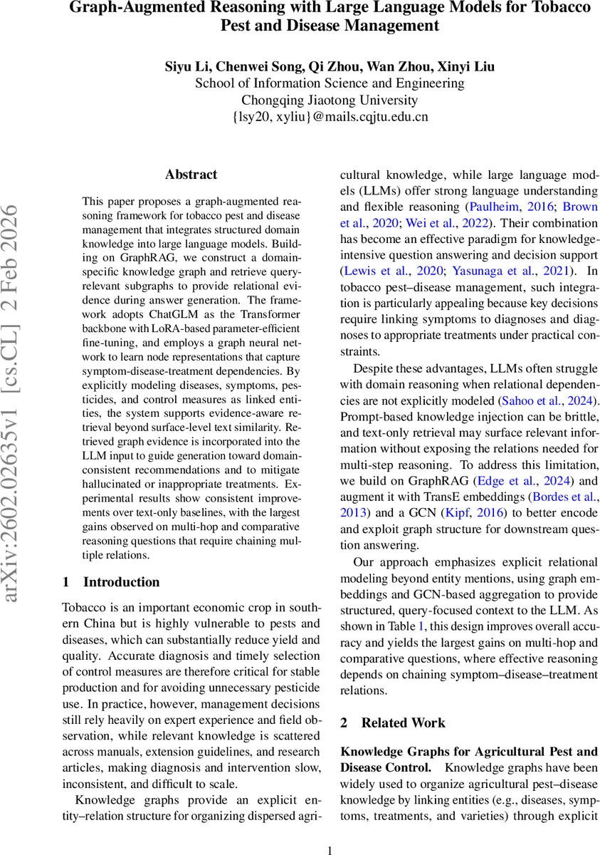 Graph-Augmented Reasoning with Large Language Models for Tobacco Pest and Disease Management