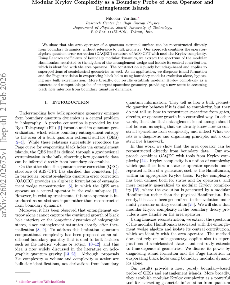 Modular Krylov Complexity as a Boundary Probe of Area Operator and Entanglement Islands