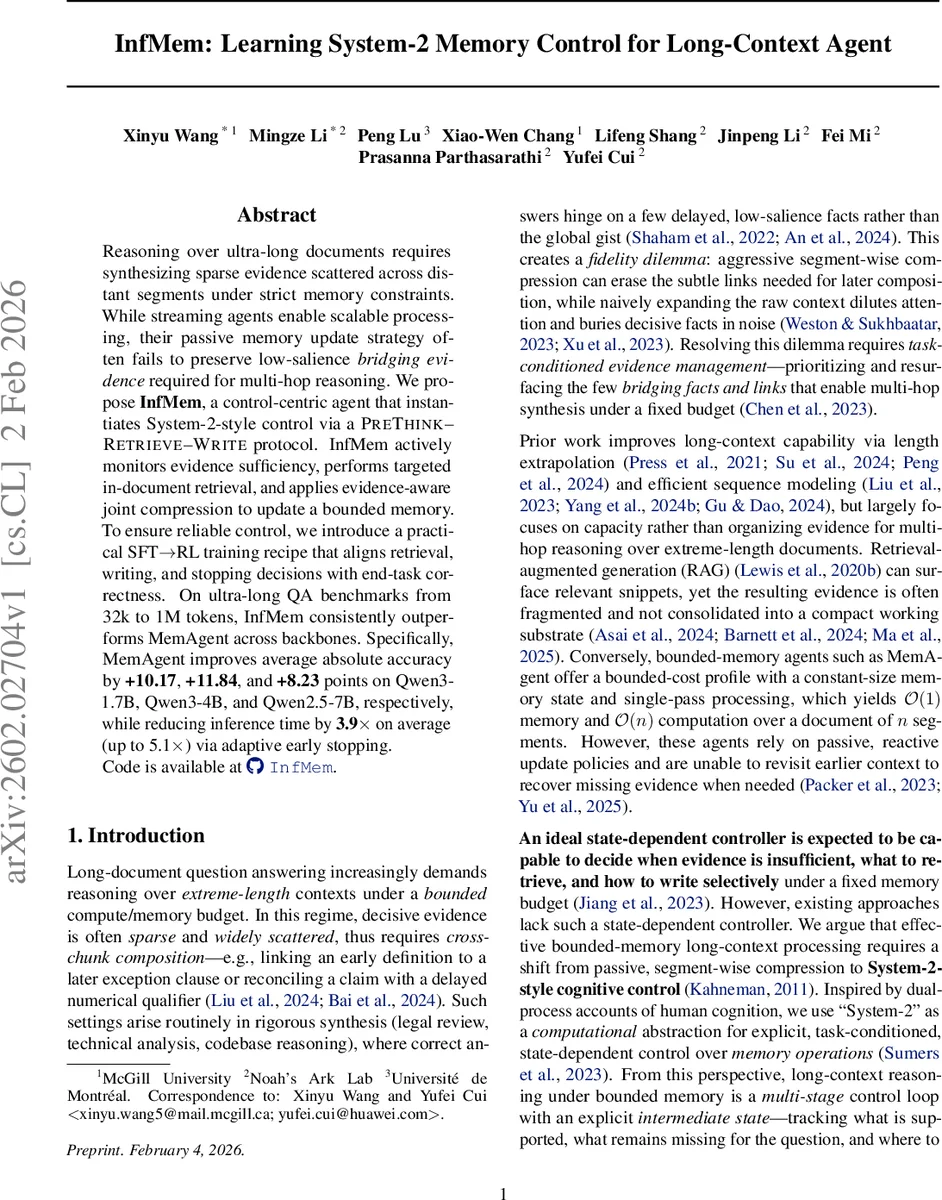 InfMem: Learning System-2 Memory Control for Long-Context Agent