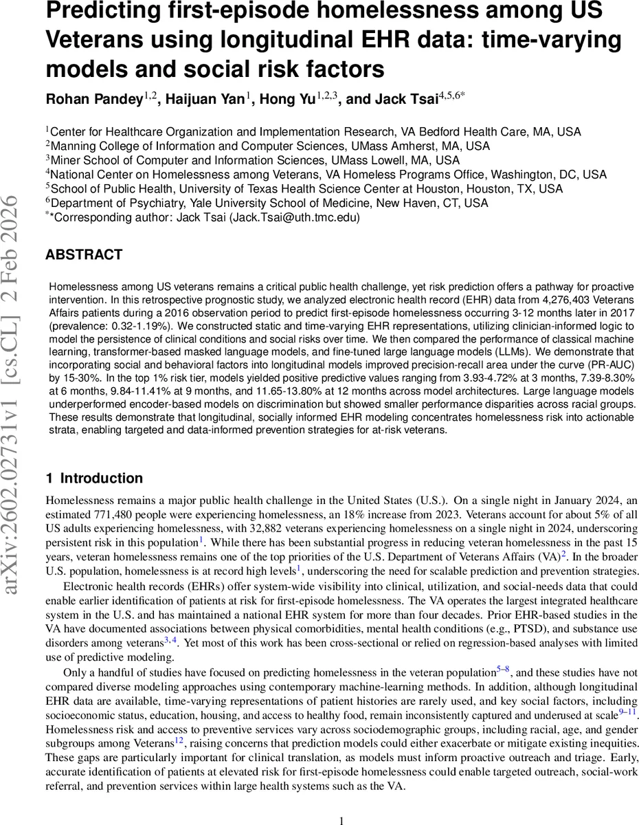 Predicting first-episode homelessness among US Veterans using longitudinal EHR data: time-varying models and social risk factors