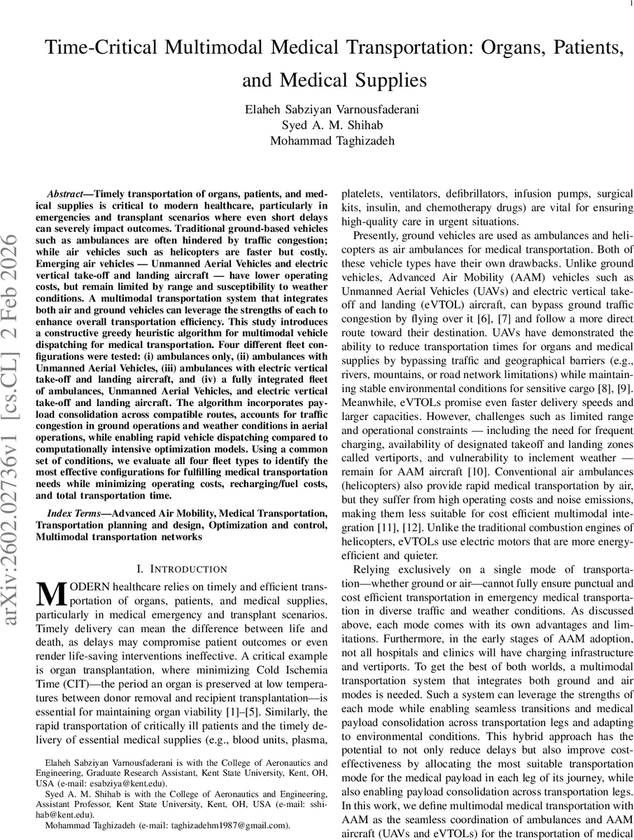 Time-Critical Multimodal Medical Transportation: Organs, Patients, and Medical Supplies