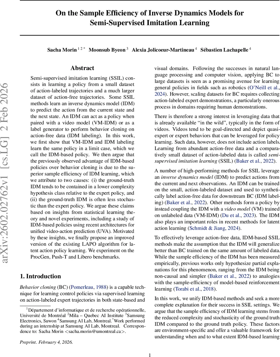 On the Sample Efficiency of Inverse Dynamics Models for Semi-Supervised Imitation Learning