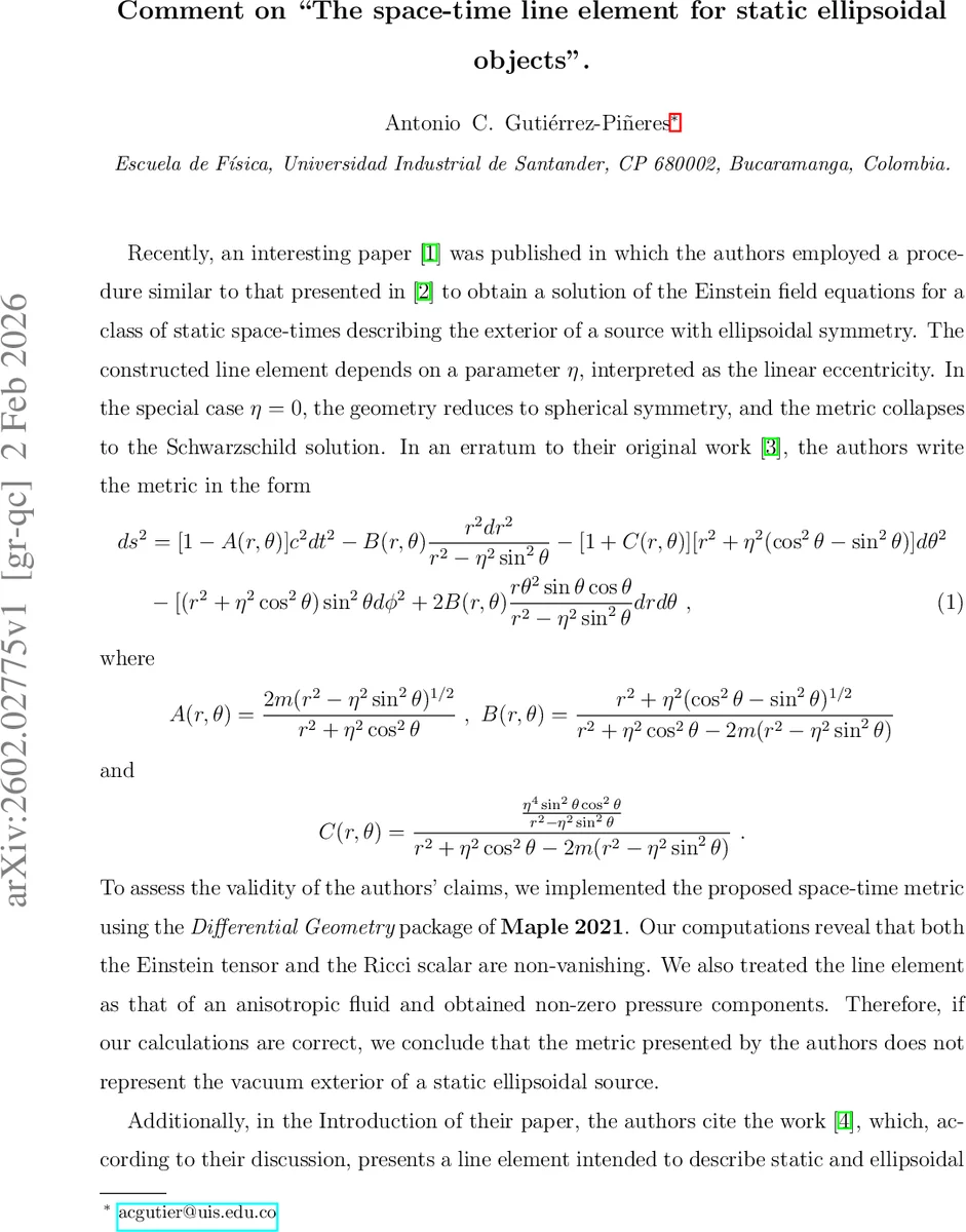 Comment on ''The space-time line element for static ellipsoidal objects''