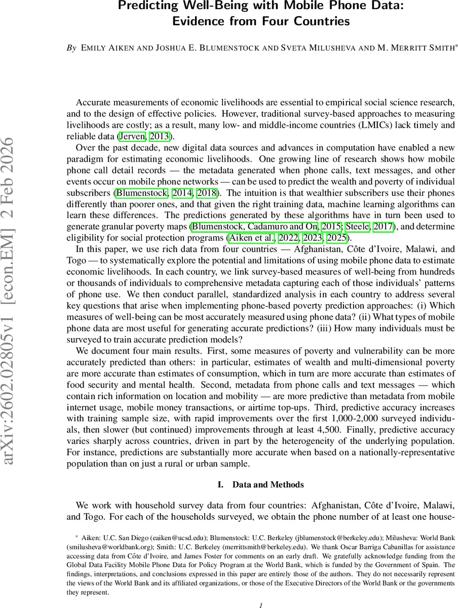 Predicting Well-Being with Mobile Phone Data: Evidence from Four Countries