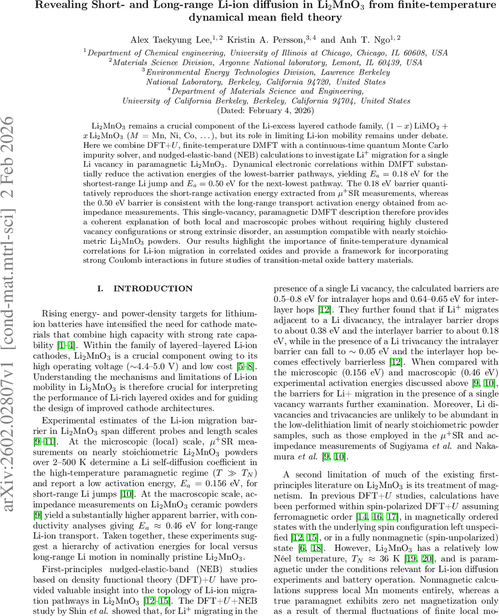 Revealing Short- and Long-range Li-ion diffusion in Li$_2$MnO$_3$ from finite-temperature dynamical mean field theory