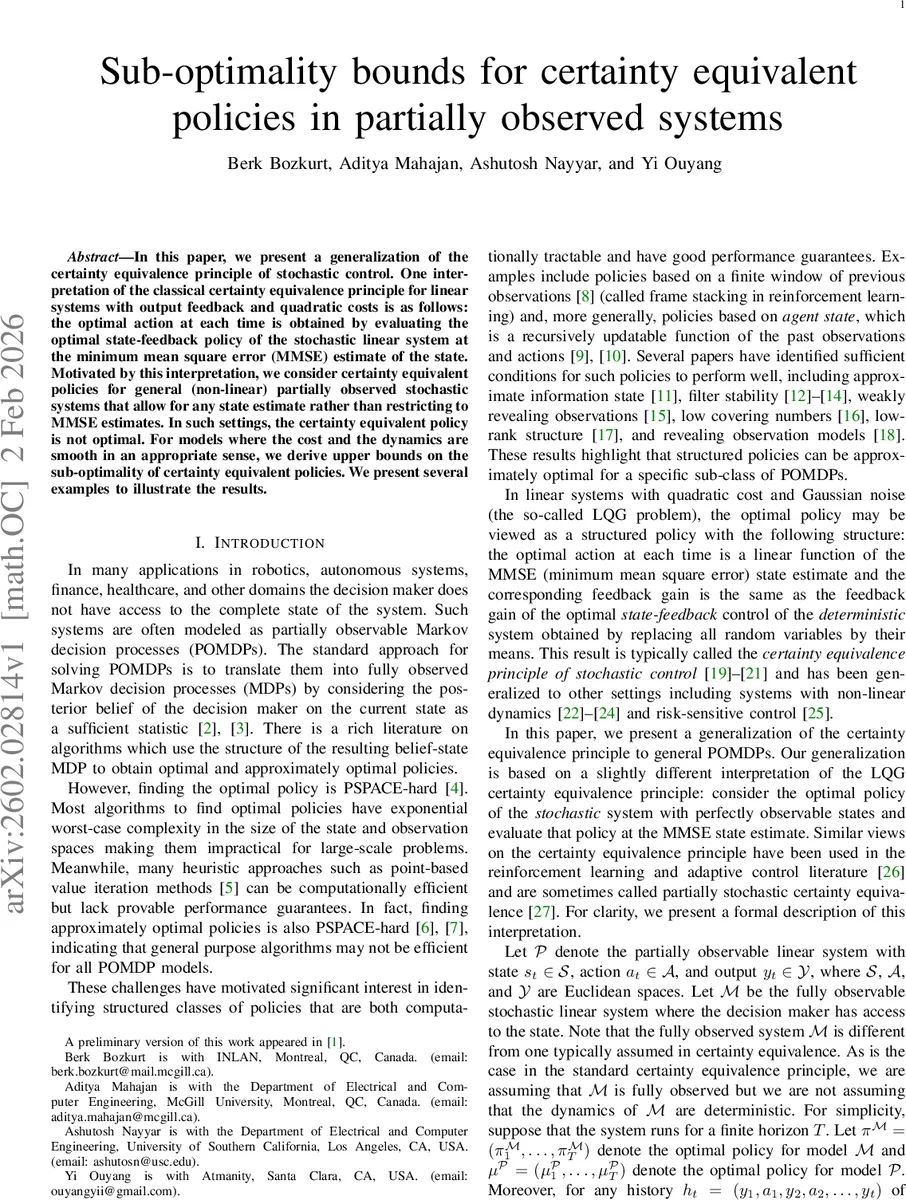 Sub-optimality bounds for certainty equivalent policies in partially observed systems