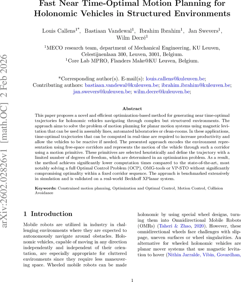 Fast Near Time-Optimal Motion Planning for Holonomic Vehicles in Structured Environments
