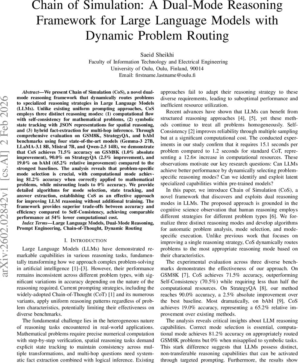 Chain of Simulation: A Dual-Mode Reasoning Framework for Large Language Models with Dynamic Problem Routing