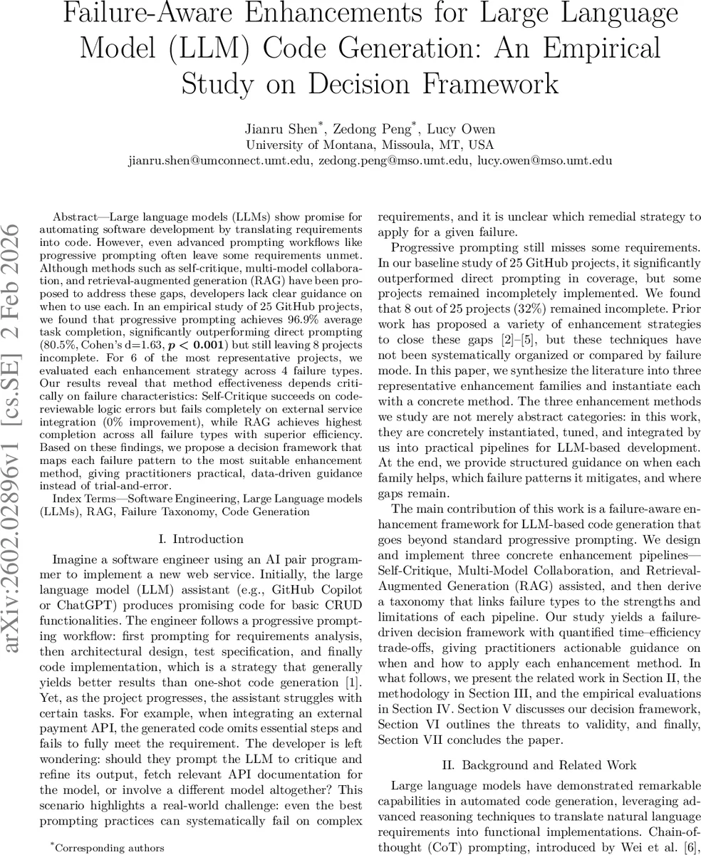Failure-Aware Enhancements for Large Language Model (LLM) Code Generation: An Empirical Study on Decision Framework