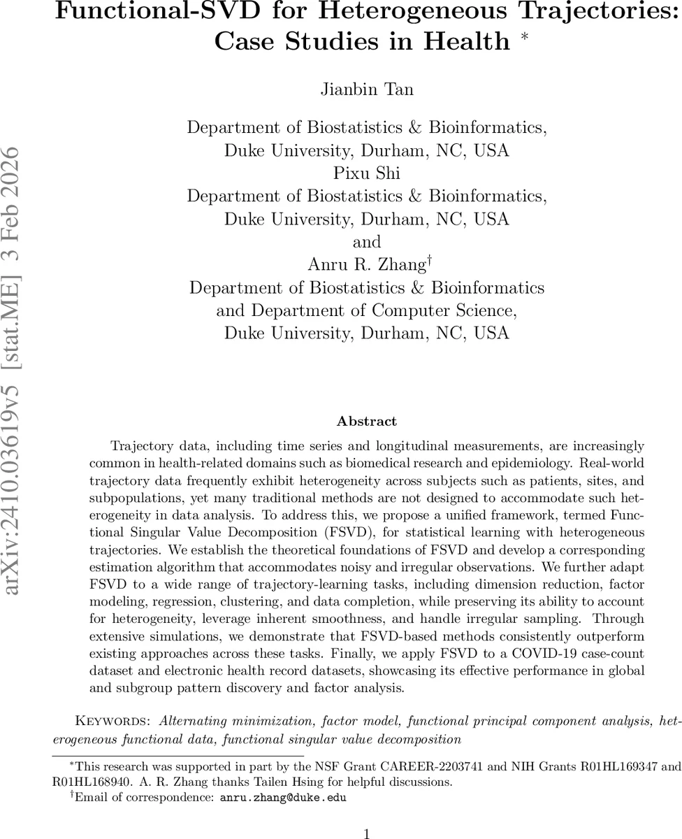 Functional-SVD for Heterogeneous Trajectories: Case Studies in Health