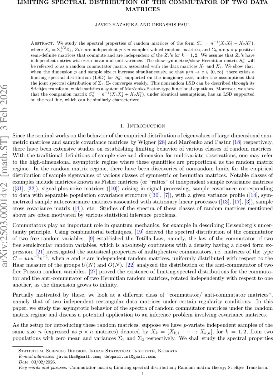 LSD of the Commutator of two data Matrices
