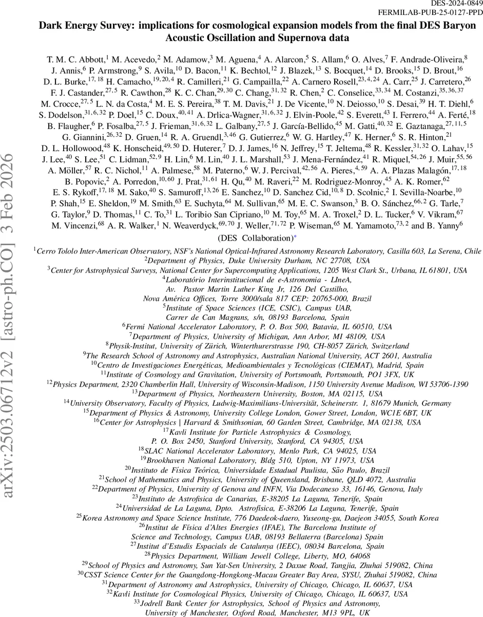 Dark Energy Survey: implications for cosmological expansion models from the final DES Baryon Acoustic Oscillation and Supernova data