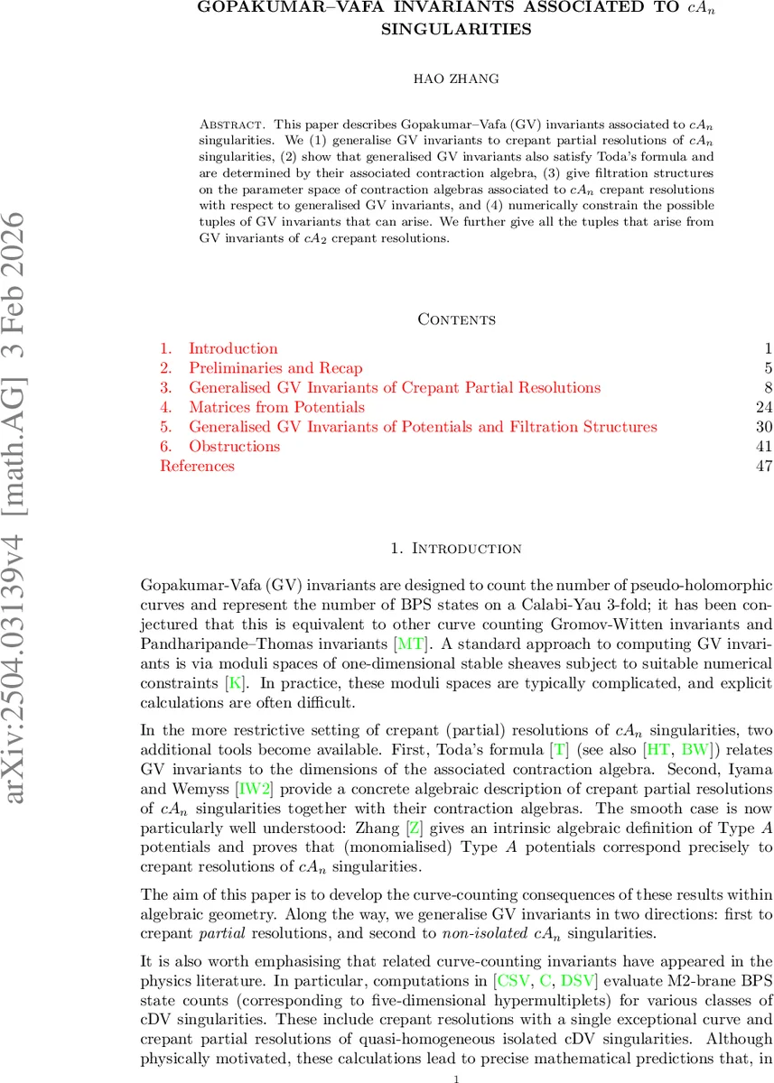 Gopakumar-Vafa invariants associated to $cA_n$ singularities