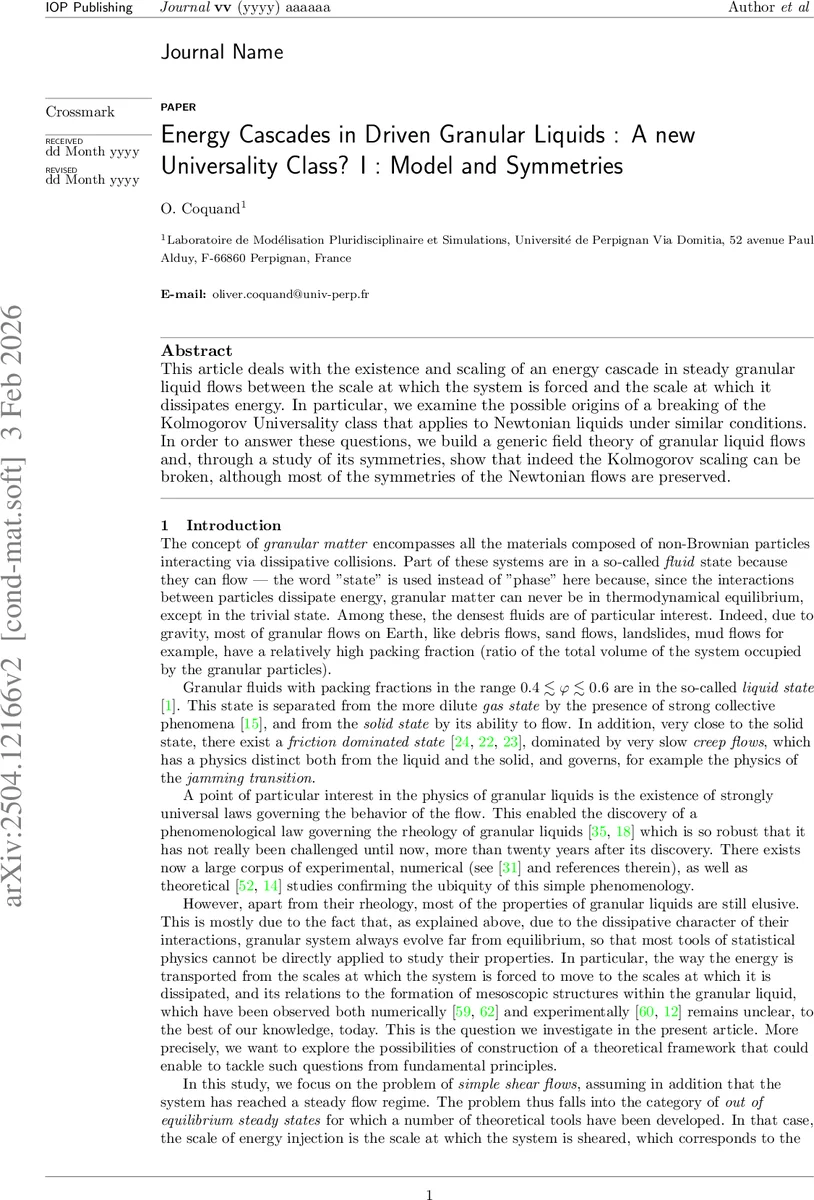 Energy Cascades in Driven Granular Liquids : A new Universality Class? I : Model and Symmetries