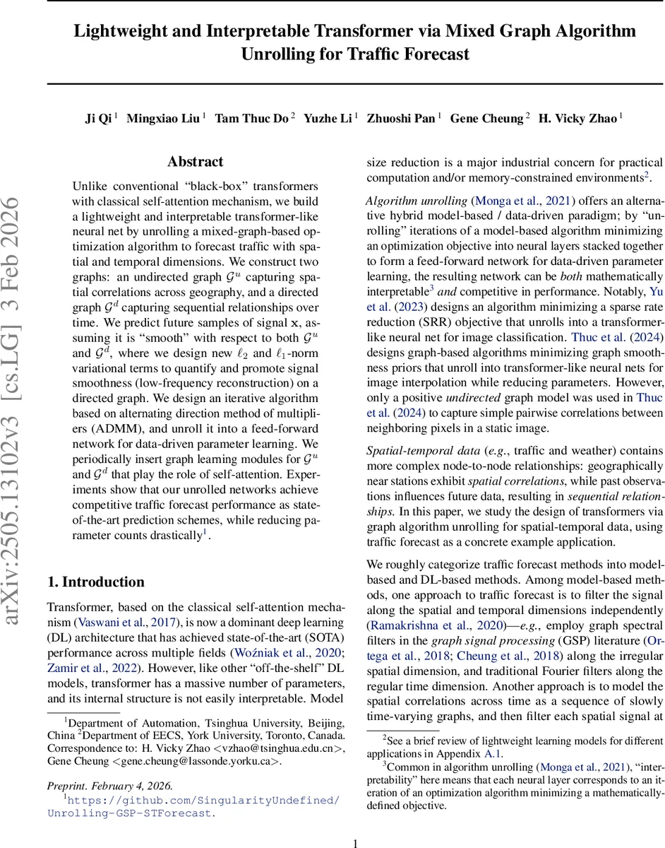 Lightweight and Interpretable Transformer via Mixed Graph Algorithm Unrolling for Traffic Forecast