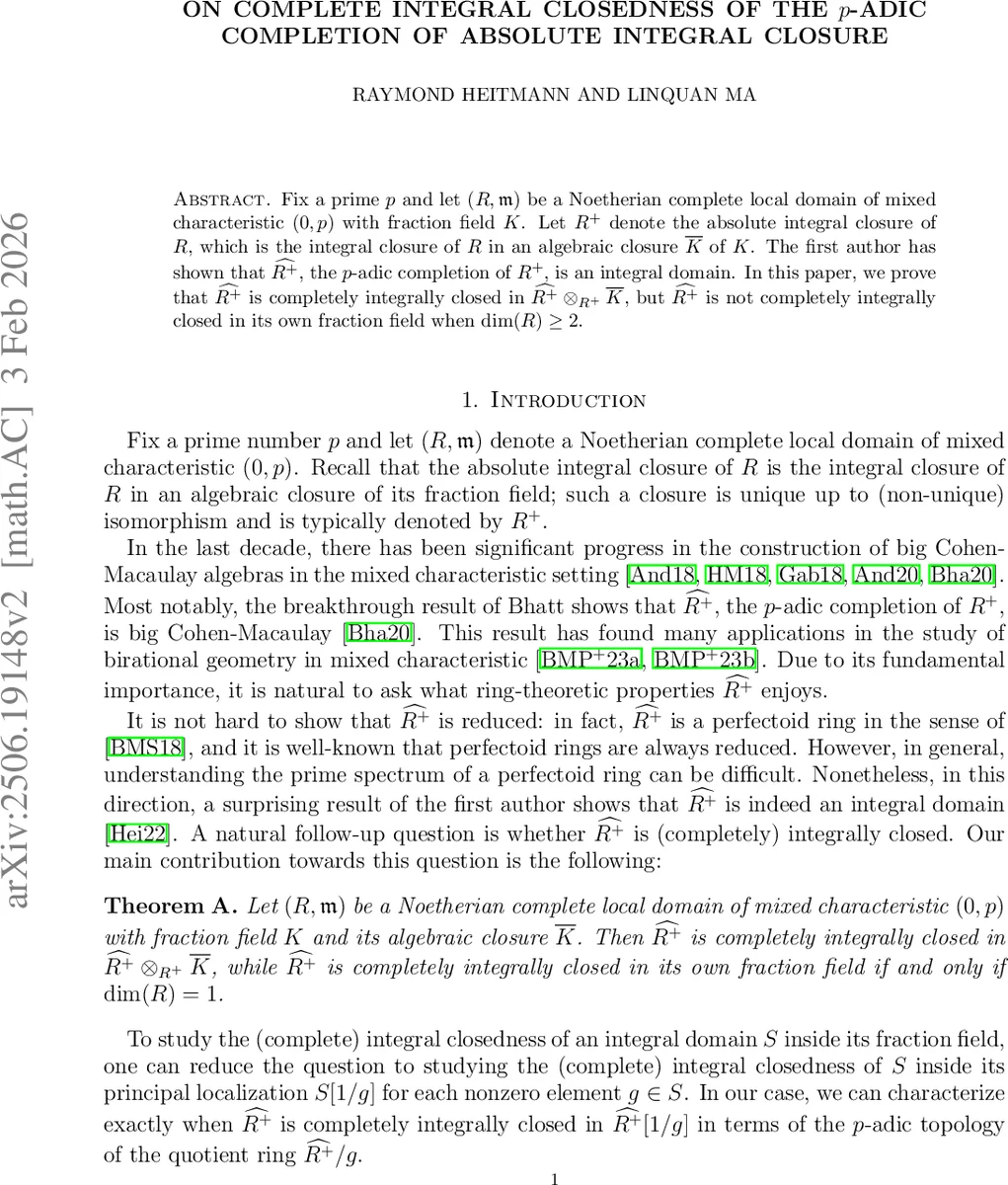 On complete integral closedness of the $p$-adic completion of absolute integral closure