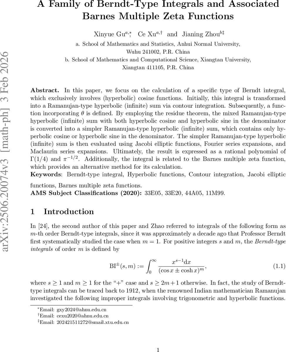 A Family of Berndt-Type Integrals and Associated Barnes Multiple Zeta Functions