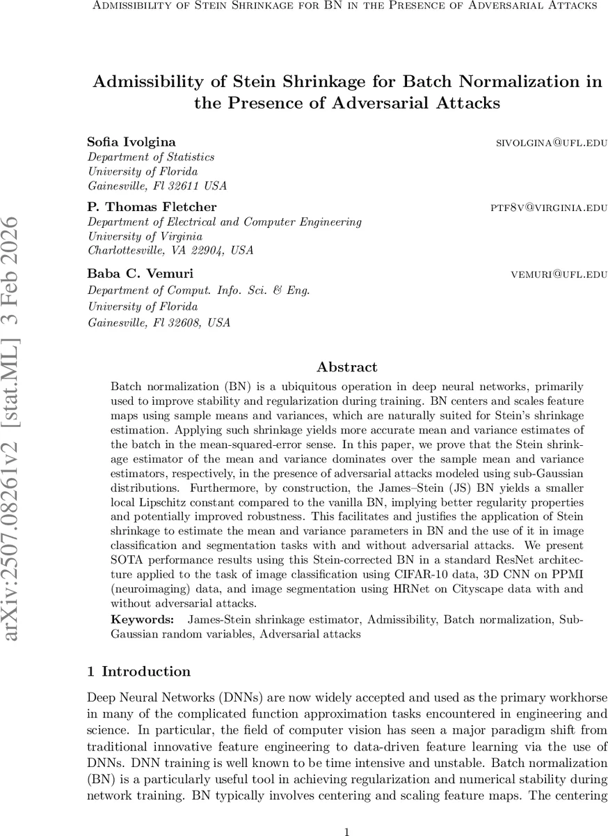Admissibility of Stein Shrinkage for Batch Normalization in the Presence of Adversarial Attacks