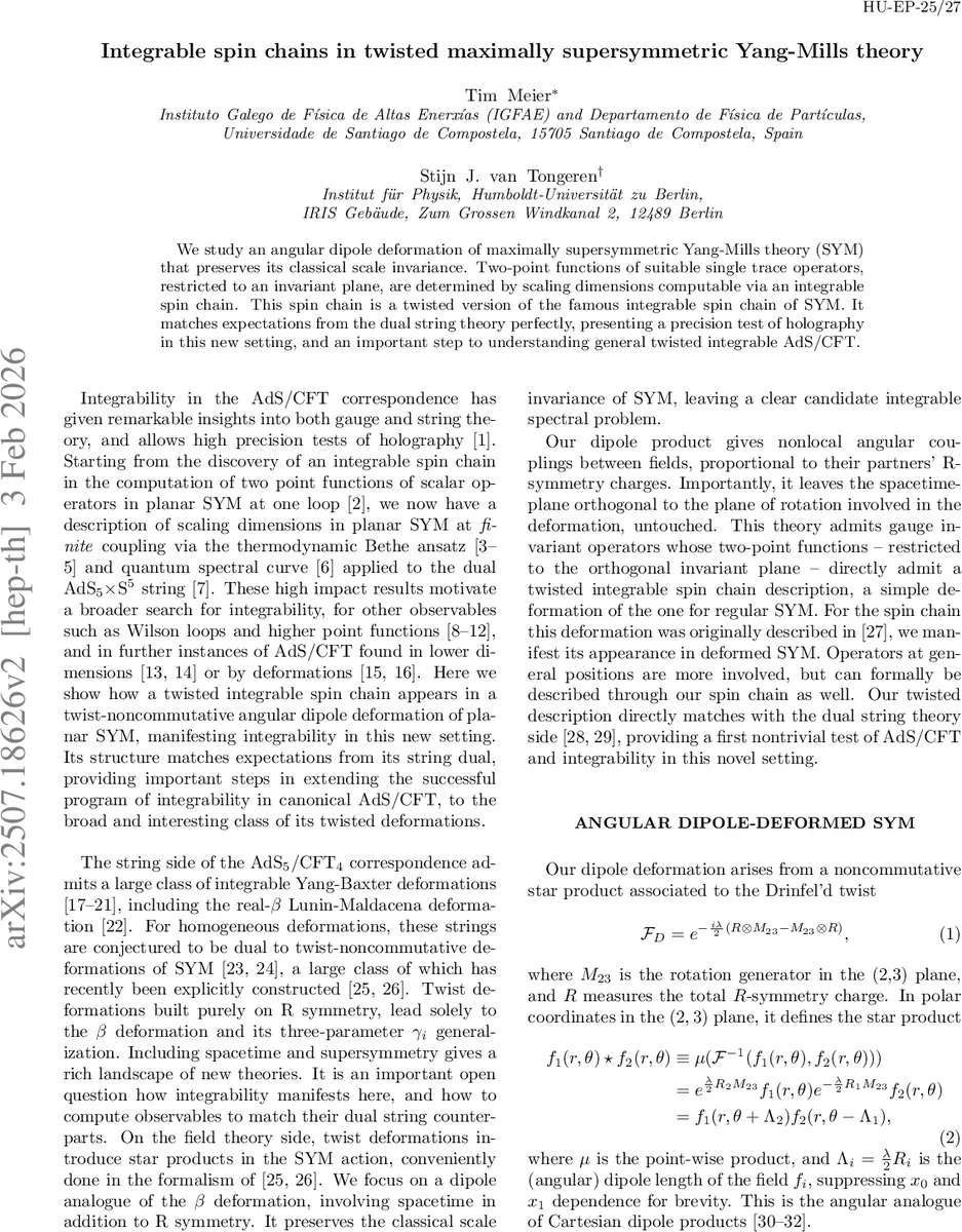 Integrable spin chains in twisted maximally supersymmetric Yang-Mills theory