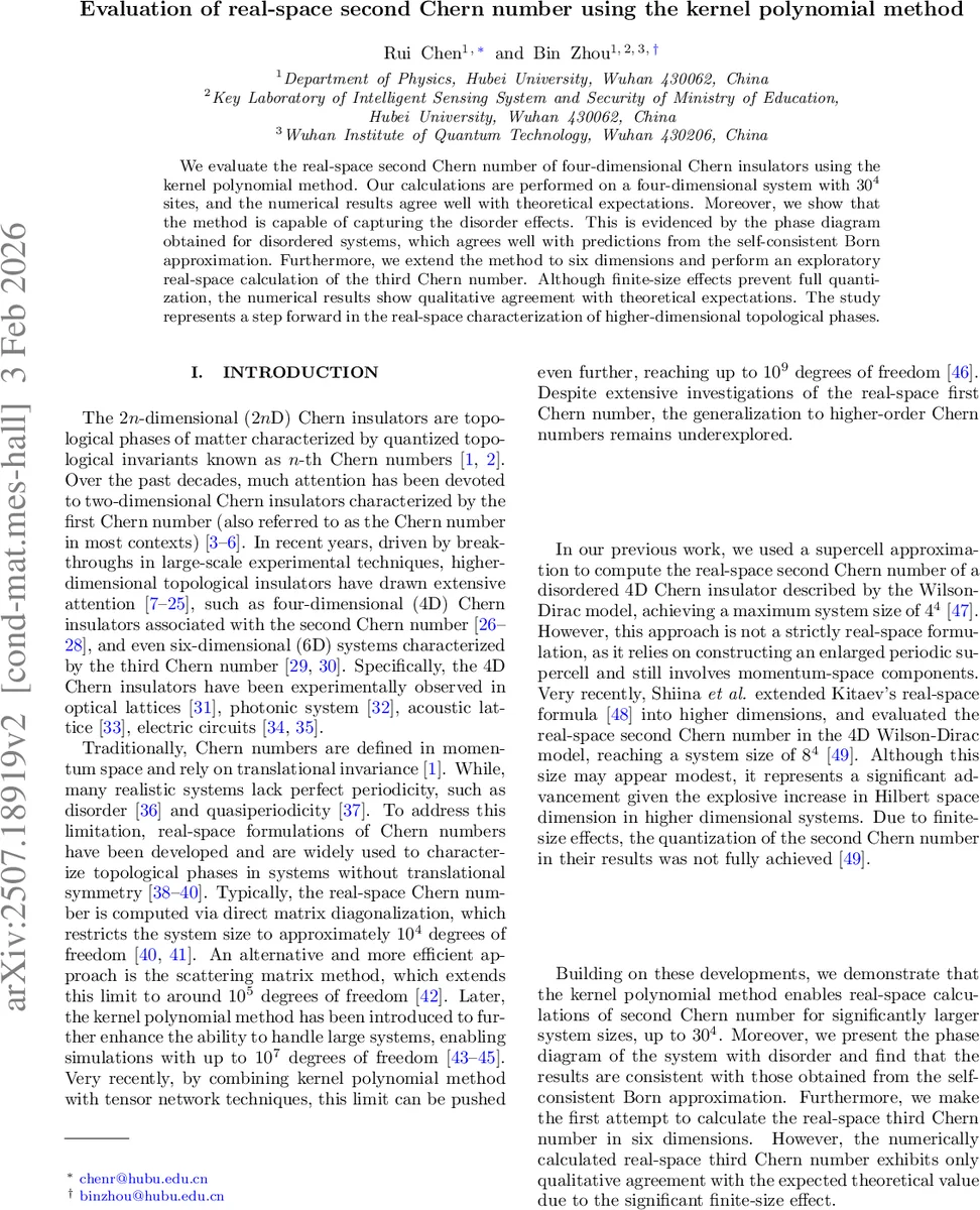 Evaluation of real-space second Chern number using the kernel polynomial method