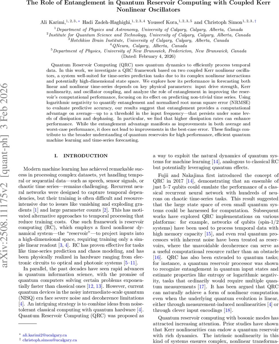 The Role of Entanglement in Quantum Reservoir Computing with Coupled Kerr Nonlinear Oscillators