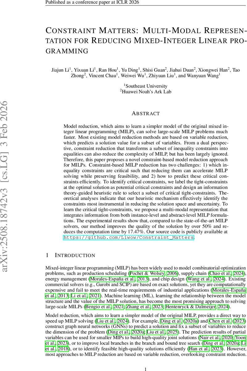 Constraint Matters: Multi-Modal Representation for Reducing Mixed-Integer Linear programming
